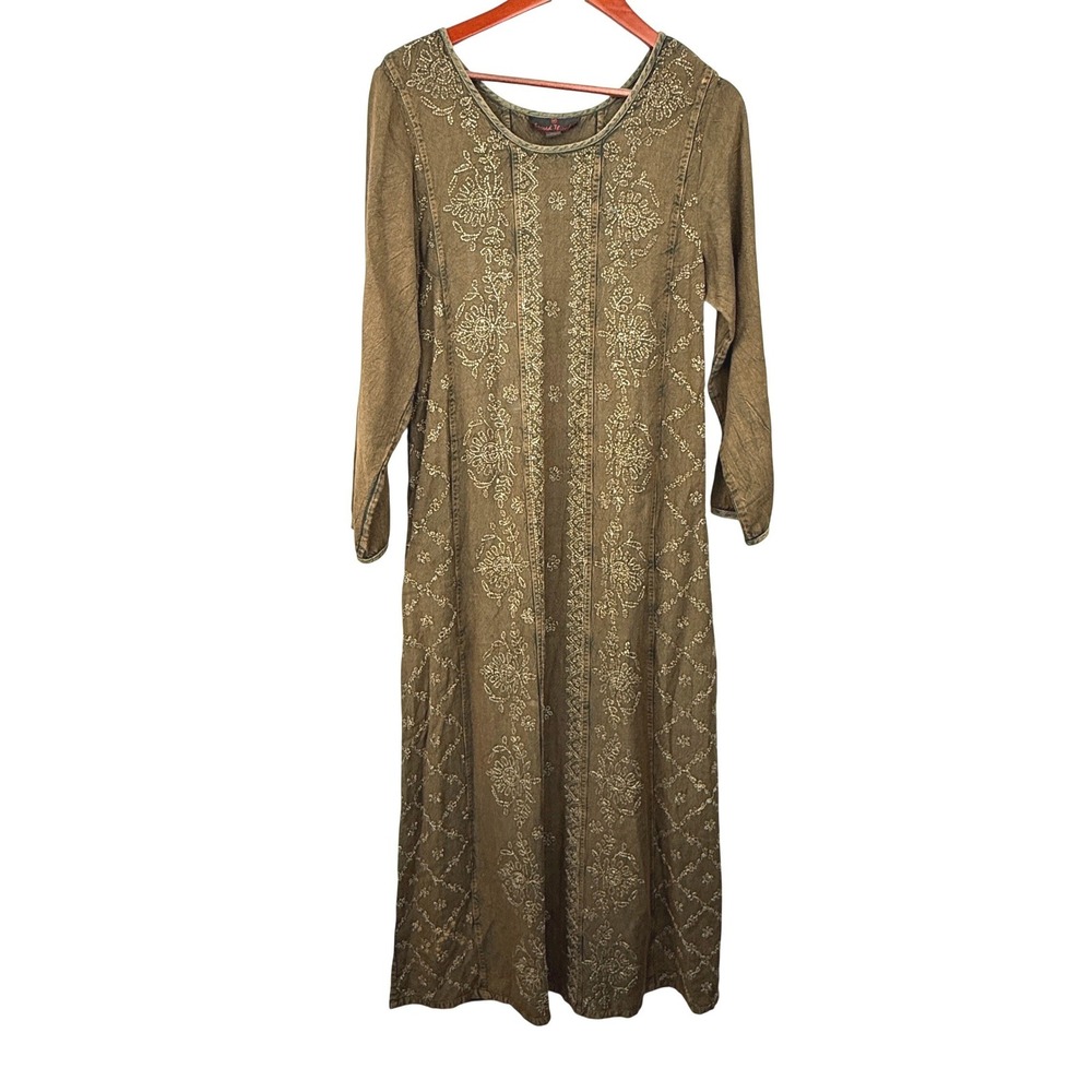 Sacred Threads Maxi Dress Womens M/L Green Embroidered Boho Long Sleeve Rayon